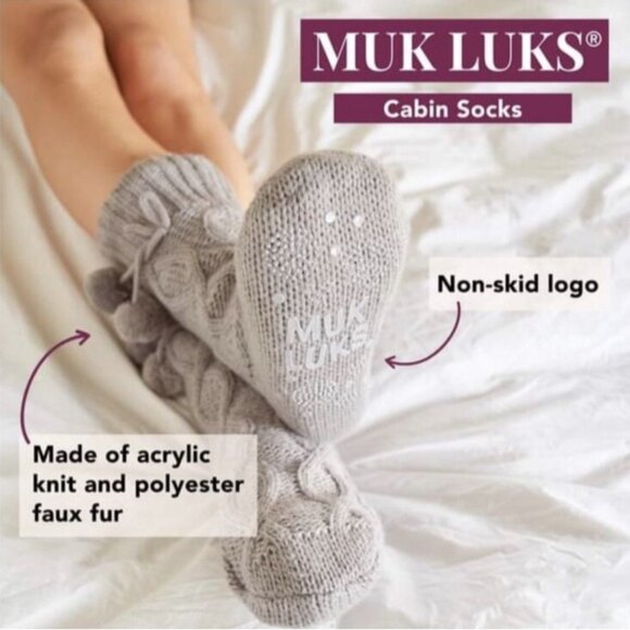Muk Luks Knit Cabin Slipper Cable Socks Faux Sherpa Lining L/XL NWT ~ Gray - Picture 4 of 5